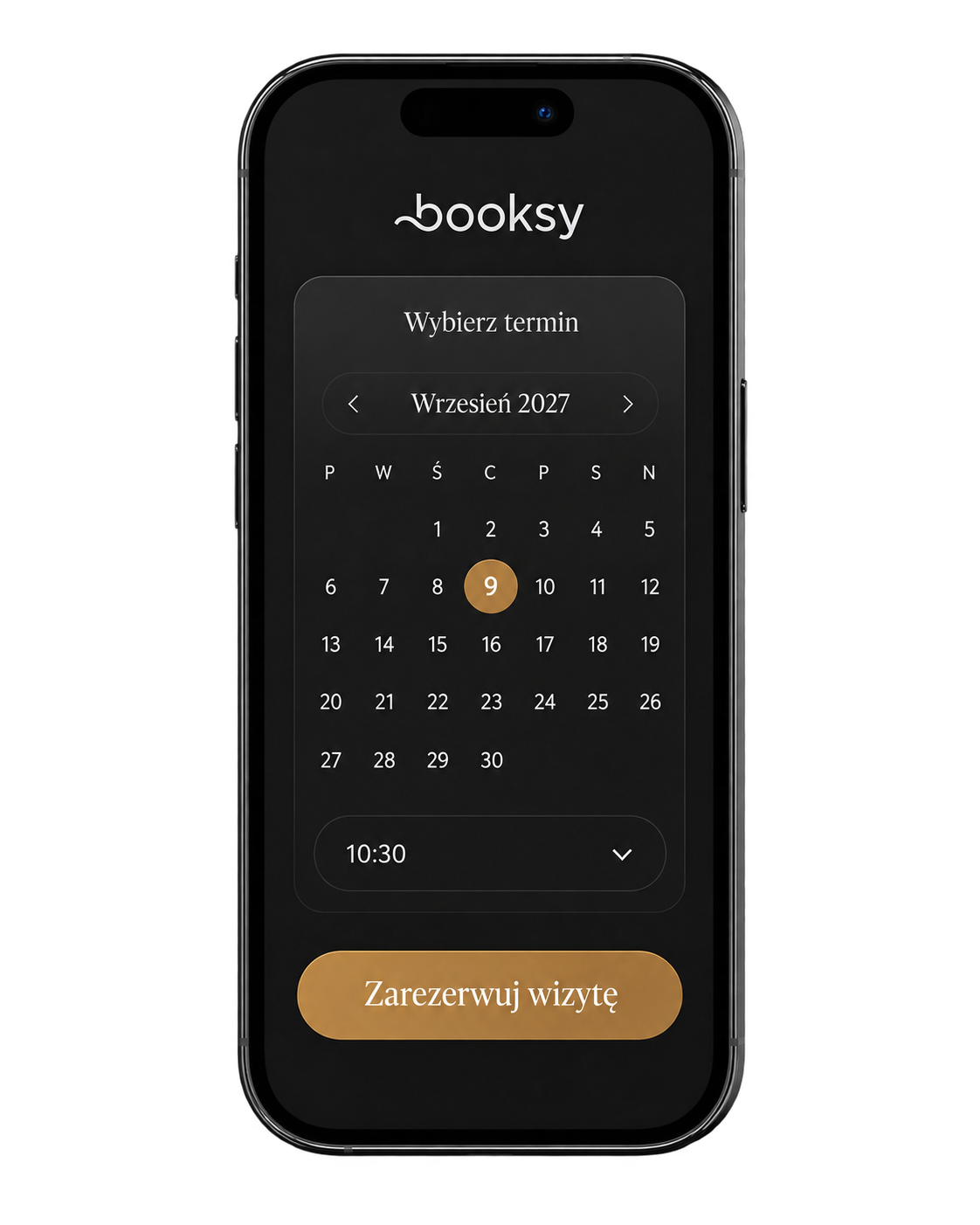 Telefon z przykładowym ekranem rezerwacji Booksy: 9 września 2027, godzina 10:30.